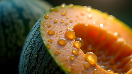 Close-up shot of a refreshing cantaloupe melon slice covered with glistening water droplets. Captures the essence of healthy eating and summer refreshment.の素材