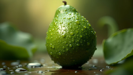 A close-up of a fresh, green avocado covered in water droplets, highlighting its healthy and vibrant nature. Perfect for food and wellness related projects.の素材