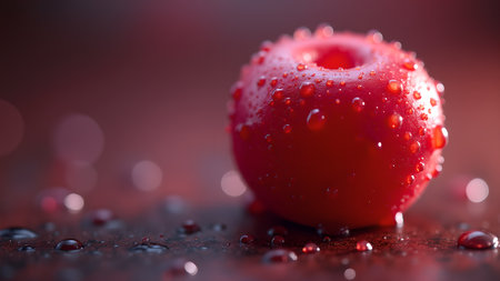 A close-up shot showcases a vibrant red tomato adorned with glistening water droplets, emphasizing its freshness and juicy texture.の素材