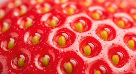 A macro shot reveals the fascinating texture and detail of a strawberry surface, showcasing tiny seeds embedded in its vibrant red exterior.の素材