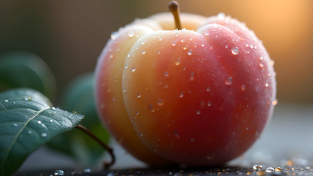 A close-up shot of a fresh plum covered in water droplets, highlighting its natural beauty, freshness, and health benefits. This image captures the juicy and vibrant nature of this delicious fruit.の素材