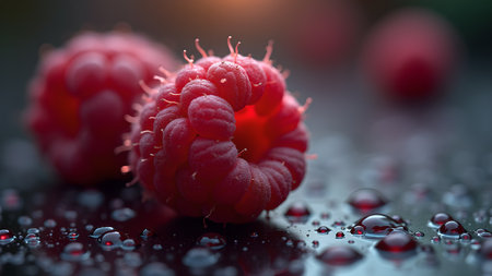 A macro shot showcases the exquisite detail of raspberries adorned with water droplets. The image highlights the texture, vibrant color, and freshness of the fruit, creating an appealing and delicious visual.の素材