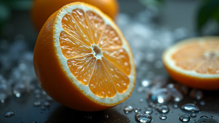 A close-up shot of vibrant orange slices surrounded by ice cubes and water droplets, creating a visually refreshing and appealing composition.の素材