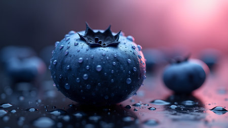 A macro shot of fresh blueberries covered in water droplets. The image highlights the texture and vibrant colors of the fruit, suggesting a healthy and refreshing snack.の素材