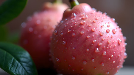 A detailed close-up showcases two vibrant pink rose apples covered in glistening water droplets. Green leaves add a natural backdrop, emphasizing the freshness and health benefits.の素材