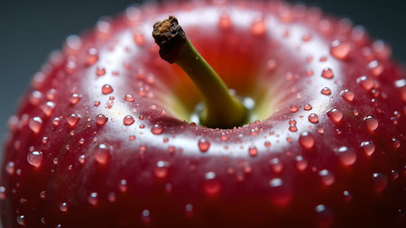 A close-up, macro shot of a vibrant red apple. The apple is covered in glistening water droplets, creating a fresh and inviting look. The image highlights the texture and color of the fruit, showcasing its juicy appeal.の素材