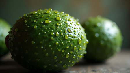 A close-up shot of fresh, green limes covered in water droplets, highlighting their juicy and vibrant nature. This evokes feelings of refreshment and healthy eating.の素材