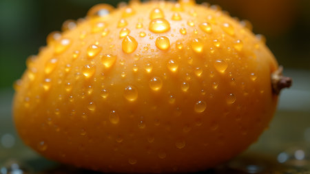 Close-up shot of a vibrant orange passion fruit covered in water droplets, creating a refreshing and visually appealing image, showcasing the fruit's natural beauty and juicy texture.の素材