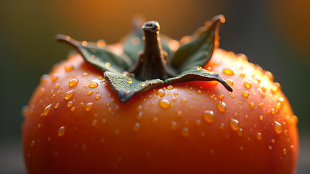 A vibrant close-up of an orange persimmon, covered in glistening water droplets, highlights its freshness and natural beauty. The fruit, a symbol of autumn harvest, is captured in exquisite detail.の素材