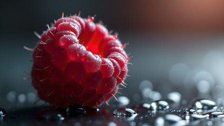 A detailed close-up reveals a fresh, vibrant red raspberry adorned with glistening water droplets, highlighting its texture and appealing qualities against a dark backdrop.の素材
