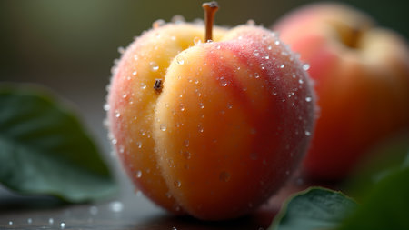This is a close-up of fresh, ripe apricots covered in water droplets, showcasing their vibrant color and juicy texture. A healthy and delicious treat perfect for summer.の素材