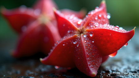 A close-up captures the intricate details of a red flower, its petals adorned with water droplets, showcasing the beauty of nature's artistry and freshnessの素材