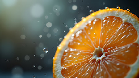 A close-up shot of a vibrant orange slice covered in water droplets, capturing the freshness and juiciness of the citrus fruit.の素材