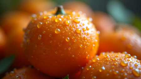 A close-up shot showcases vibrant tangerines adorned with glistening water droplets, highlighting their freshness and juicy texture. Symbolizing a healthy and refreshing snack.の素材
