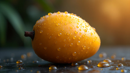 A close-up shot of a fresh, ripe mango covered in glistening water droplets, highlighting its vibrant color and inviting texture. Perfect for illustrating healthy eating or tropical freshness.の素材