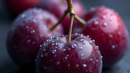 A close-up of plums glistening with water droplets presents a fresh, vibrant view. This image showcases the fruit's natural beauty and freshness.の素材