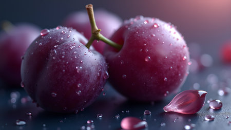 Close-up shot of fresh plums covered with water droplets, highlighting their vibrant color and juicy texture. A healthy and delicious summer treat.の素材