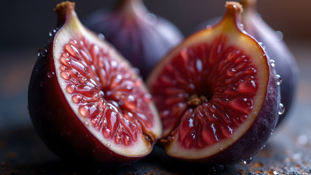 This image shows a close-up of ripe figs, cut in half. The juicy red interior is covered in water droplets, making it look fresh and delicious.の素材