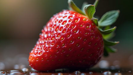 A close-up of a vibrant red strawberry with droplets of water, highlighting its freshness and juicy texture. The image captures the essence of a healthy and delicious summer fruit.の素材