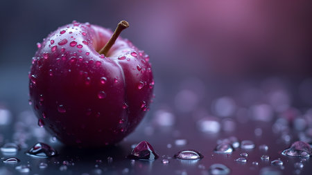 A captivating macro shot of a plum adorned with water droplets, set against a blurred purple backdrop. The fruit showcases vibrant colors and textures.の素材