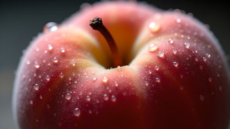 A close-up image of a red apple covered in water droplets, showcasing its freshness and natural appeal. A perfect image for showcasing healthy eating habits.の素材