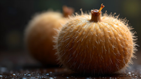 A close-up shot showcases two rambutans, emphasizing the spiky exterior, and textured surface of the exotic fruit. The image highlights the vibrant color and organic beauty of the rambutans.の素材