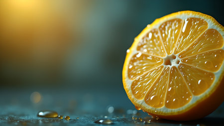 A close-up shot of a juicy lemon half, adorned with water droplets, highlights its vibrant color and freshness. The image evokes a sense of vitality and natural goodness.の素材
