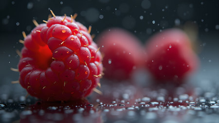 A close-up shot captures the vibrant red hues of raspberries, adorned with water droplets on their textured surface, offering a macro view of natural freshness and delicious detail.の素材