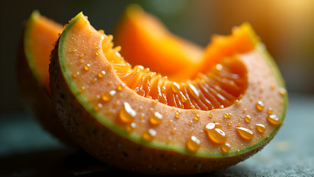 Close-up of cantaloupe slices adorned with glistening water droplets, showcasing its vibrant orange color and inviting texture, a refreshing summer treat.の素材