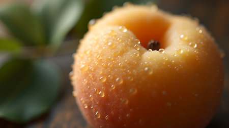 A close-up shot of a fresh apricot covered in glistening dew drops, evoking a sense of natural sweetness and healthy living. A perfect representation of summer and the delights of organic food.の素材