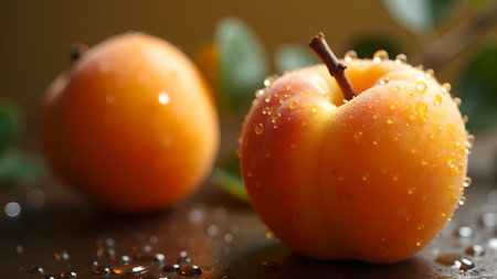 A close-up captures two vibrant apricots covered in glistening droplets, highlighting their freshness and juicy texture. The shallow depth of field creates a captivating focal point.の素材