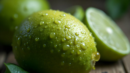 A close-up shot showcases the refreshing appeal of fresh limes adorned with water droplets, placed against a rustic wooden background. Emphasizing the limes' vibrant green color and juicy texture, it suggests healthy eating, natural ingredients, and culinary inspiration.の素材