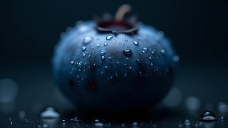 A macro close-up of a single blueberry, covered in water droplets, showcases its freshness and appeal. Set against a dark background, the image emphasizes the vibrant blue color and healthy characteristics of the fruit.の素材
