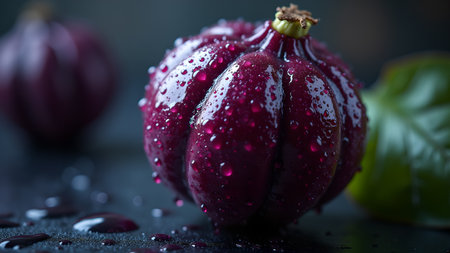 A close-up shot captures a vibrant purple fig covered in glistening water droplets, conveying freshness and purity. A refreshing and enticing representation of natural goodness.の素材
