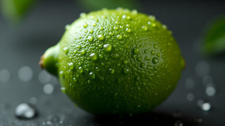 A close-up shot showcases a vibrant green lime adorned with glistening water droplets. This image represents freshness, health, and the natural beauty of citrus fruits.の素材