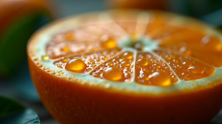 Macro shot of a vibrant half orange covered in water droplets, showcasing its freshness and juicy texture, a healthy and refreshing choice.の素材