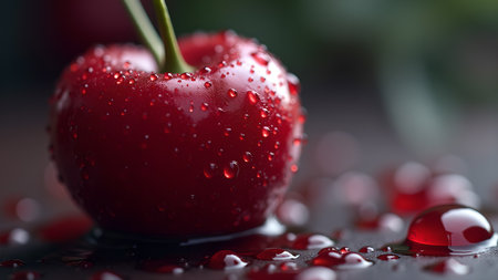 A macro shot of a vibrant red cherry covered in water droplets, showcasing its juicy and fresh appeal. Perfect for healthy eating concepts.の素材