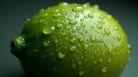 This image showcases a close-up of a fresh green lime covered in water droplets, highlighting its juicy texture and vibrant color. It symbolizes freshness, health, and the essence of tropical refreshment.の素材