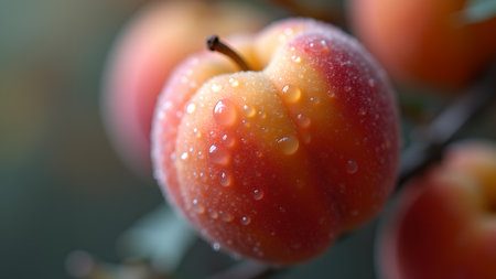 A close-up shot showcases ripe apricots adorned with glistening water droplets. The image highlights the vibrant colors and textures of the fruit, evoking a sense of freshness and natural beauty.の素材