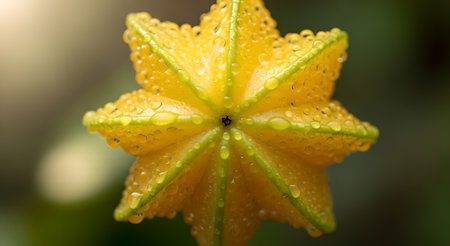 A captivating close-up of a starfruit glistening with water droplets, showcasing its vibrant yellow color and intricate star shape, evoking a sense of freshness and natural beauty.の素材