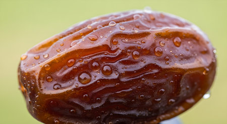 A close-up shot of a fresh date, adorned with water droplets, against a soft green backdrop. The brown date looks shiny and delicious.の素材