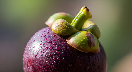 A close up, macro shot of a ripe and fresh mangosteen fruit with water droplets on its textured skin and natural blurred background.の素材