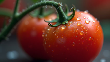 A close-up shot showcases two ripe red tomatoes, still attached to their green stem, adorned with glistening water droplets, highlighting their freshness and organic quality.の素材