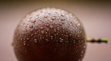 Macro shot of a ripe passion fruit covered in refreshing water droplets, showcasing its texture and vibrant color. It is a healthy, delicious tropical fruit.の素材