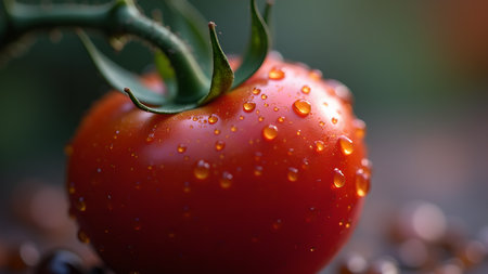 This is a close-up shot of a fresh, ripe tomato, covered in water droplets, creating a refreshing and vibrant image of healthy eating and natural goodness.の素材