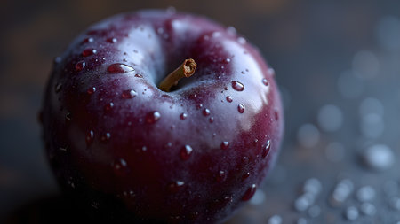 A close-up shot showcases a ripe, purple plum adorned with glistening water droplets. The image captures the freshness and natural beauty of the fruit, highlighting its texture and vibrant color.の素材
