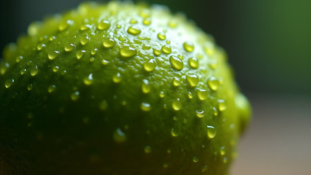 A close-up of a vibrant green lime adorned with glistening water droplets. The image captures the essence of freshness and natural goodness.の素材