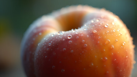 Close-up shot of a ripe, juicy peach covered in refreshing water droplets, ideal for conveying summer freshness and healthy eating.の素材