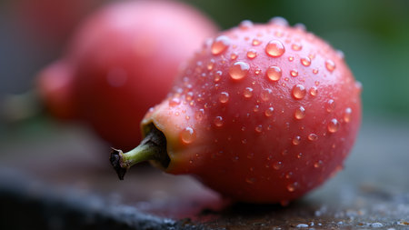 Macro shot of fresh rosehips covered in water droplets. These red berries are full of nutrients, vitamins and are a perfect ingredient for healthy eating and nutrition.の素材