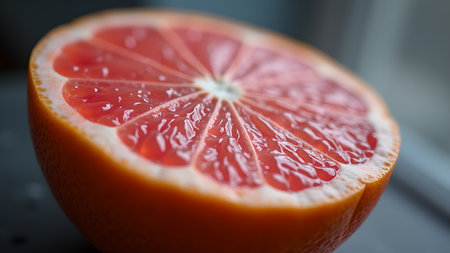 A close-up shot of a grapefruit half shows its juicy segments and vibrant color, making it ideal for illustrating healthy eating and lifestyle concepts.の素材